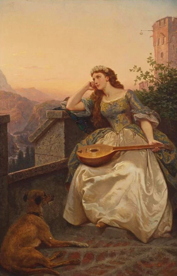 Giovane donna che sogna ad occhi aperti con mandolino e cane